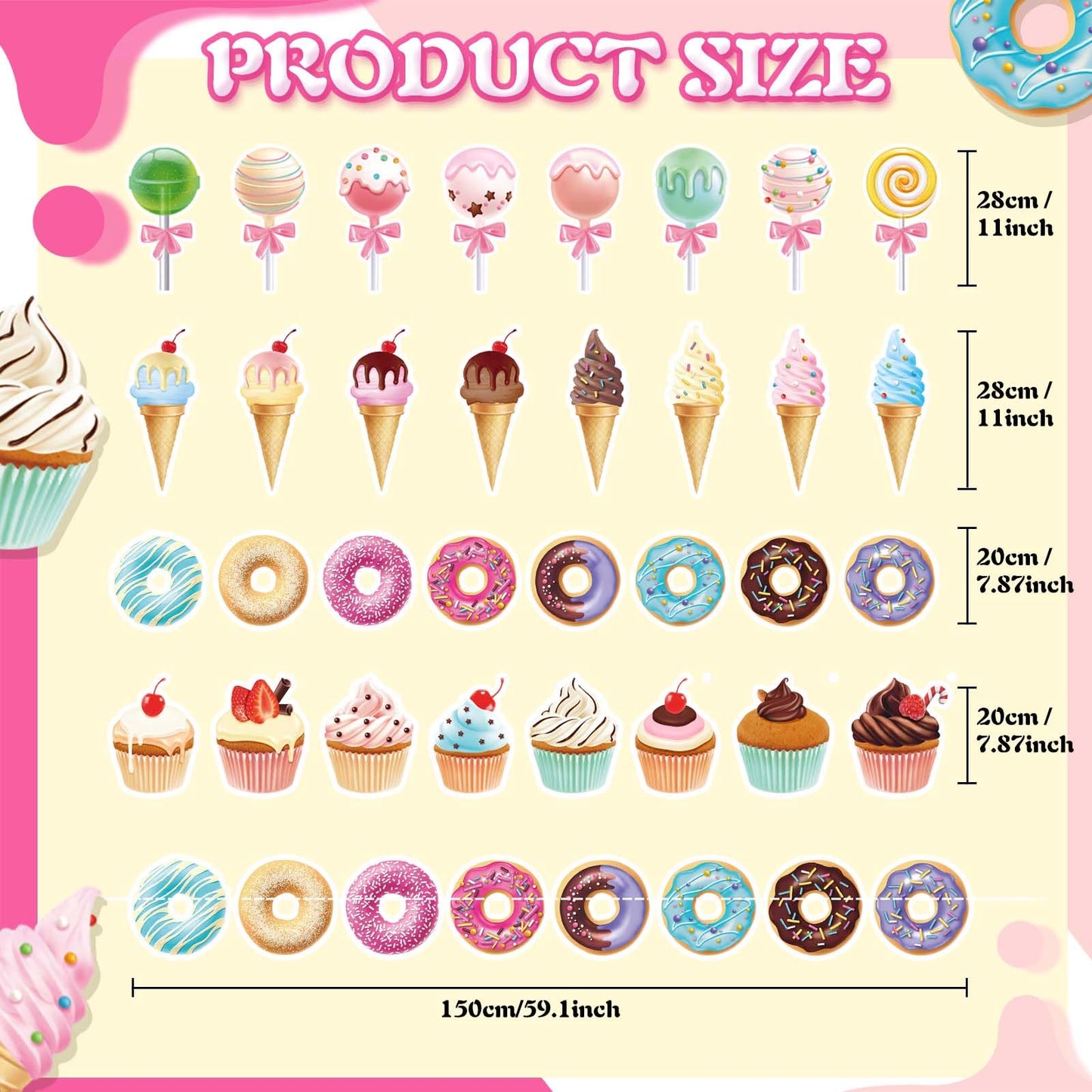 Saypacck 64 Pcs Candy Party Decorations Includes 8 Pack Ice Cream Party Banner Donut Theme Lollipop Cupcakes Banner Hanging Donut Garland Kit for Grow up Birthday Party Supplies