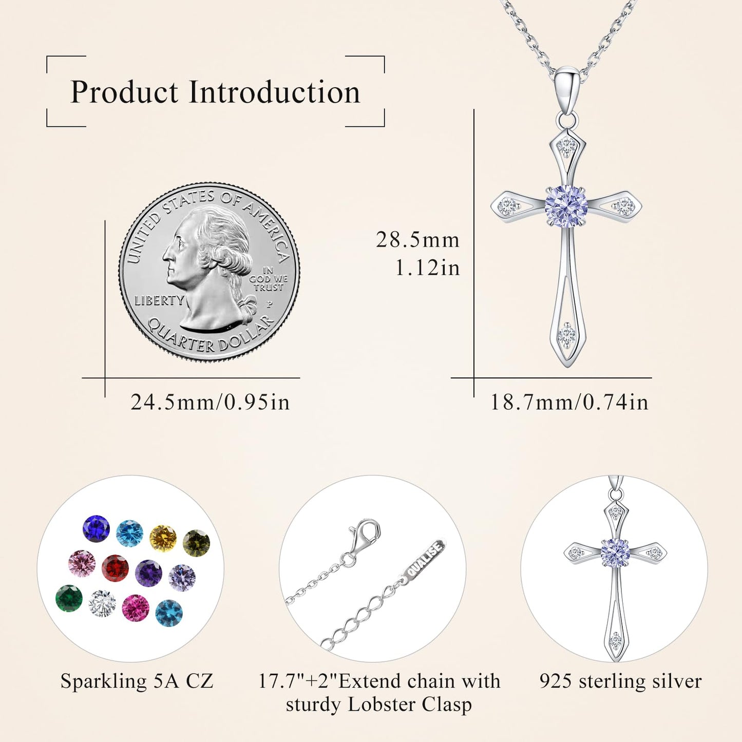 QUALISE Cross Necklace for Women,925 Sterling Silver June Birthstone Necklace Cross Pendant 5A CZ 12 Birth Months Birthstone Fine Jewelry Birthday Gifts for Her Wife Mom