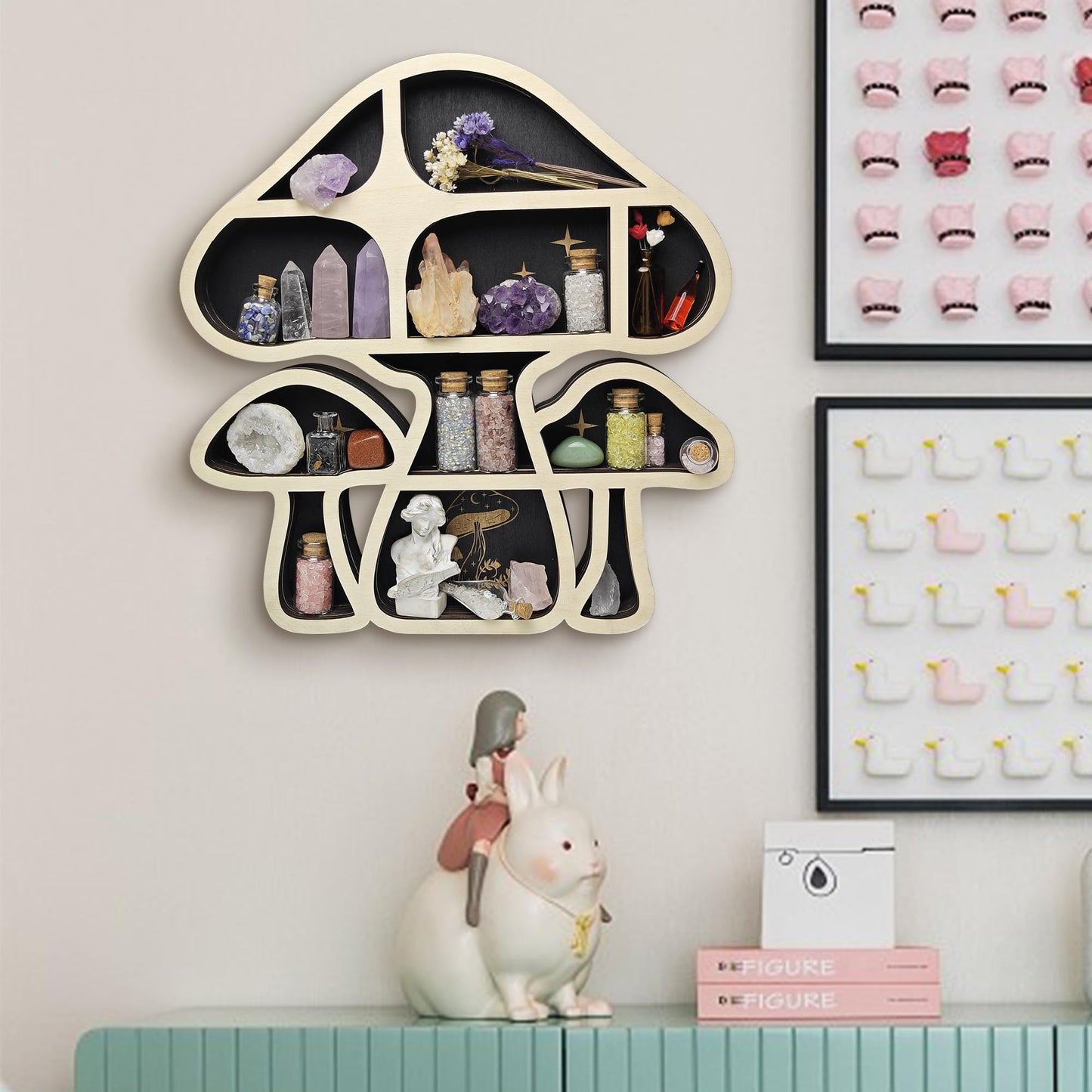 FNYDOX Wooden Mushroom Floating Shelves, Crystal Display Shelf for Wall, Cute Mushroom Wall Decor, Rock Gem Stone Storage Organizer, Essential Oil Holder Hanging Case, Meditation Art Spiritual Gift