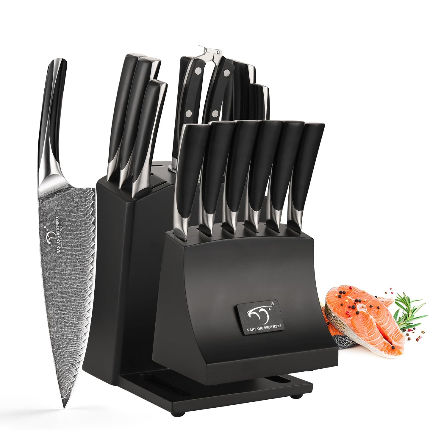 NANFANG BROTHERS Damascus Kitchen Knife Set, 15-Piece with Block, ABS Ergonomic Handle, Carving Fork, Disconnect-type Knife Block (Black)