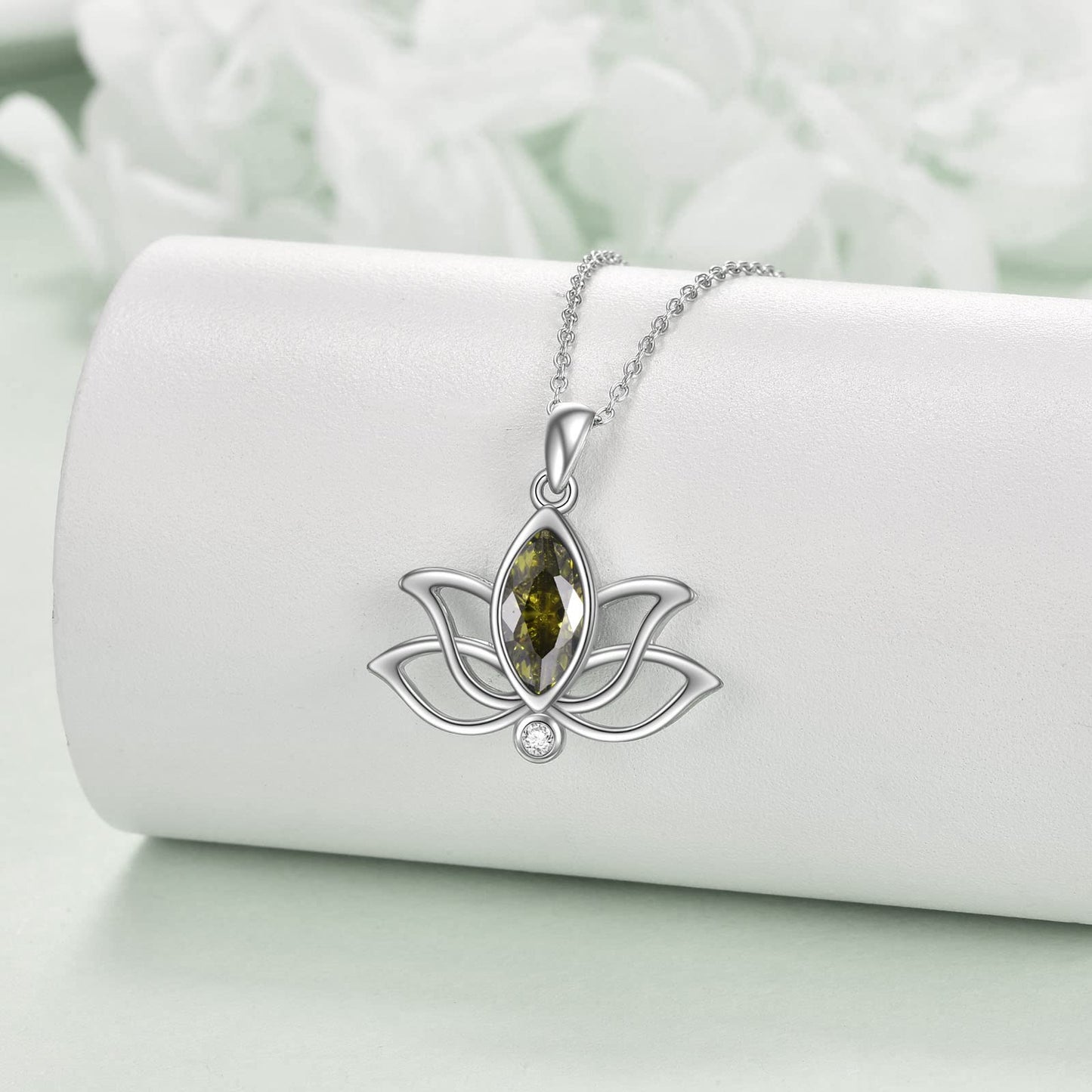 YFN Lotus Necklace Sterling Silver August Birthstone Pendant Genuine Green Peridot Jewelry Gifts for Women (Aug)