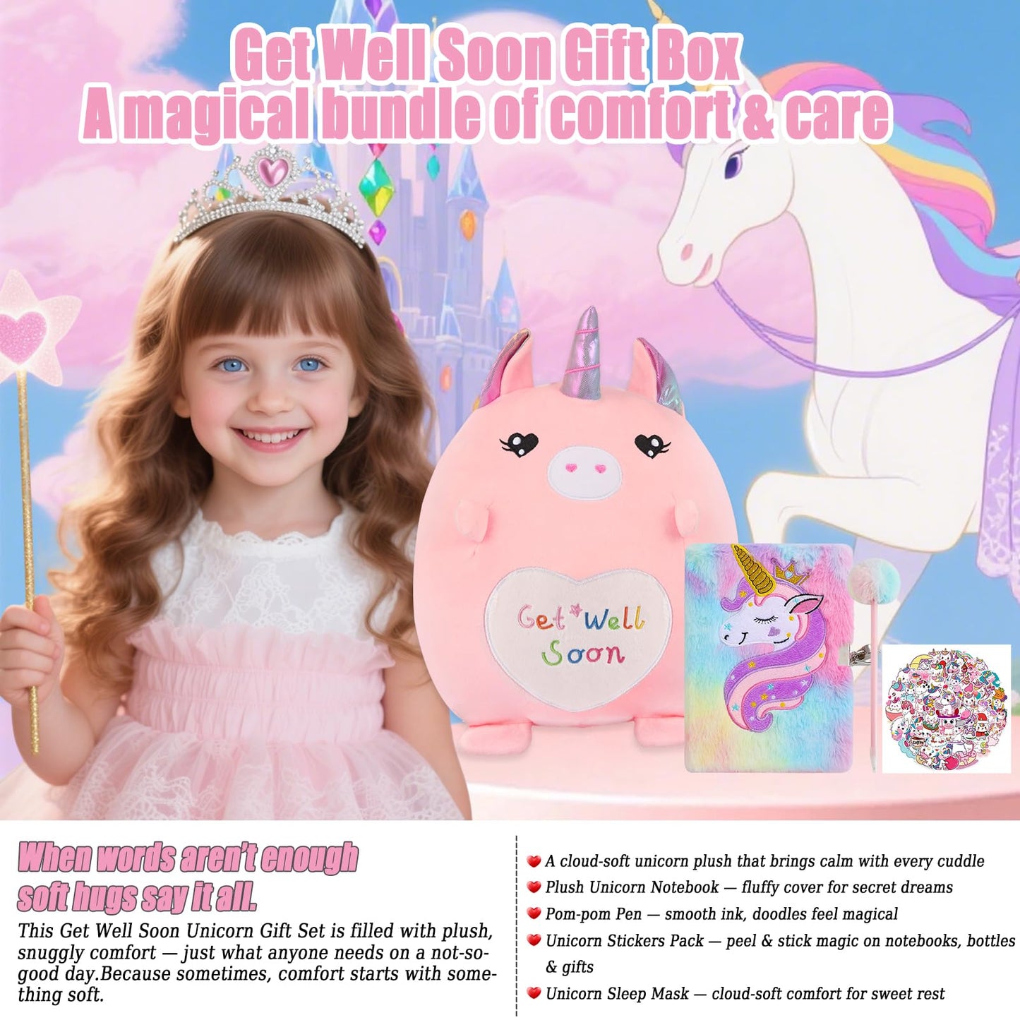 VUYUEN Get Well Soon Gift for Girls, Unicorn Fluffy Diary with Lock & 12'' Get Well Soon Plush Pillow, Feel Better Gifts for Girls, Girls Get Well Baskets, Get Well Gift After Surgery