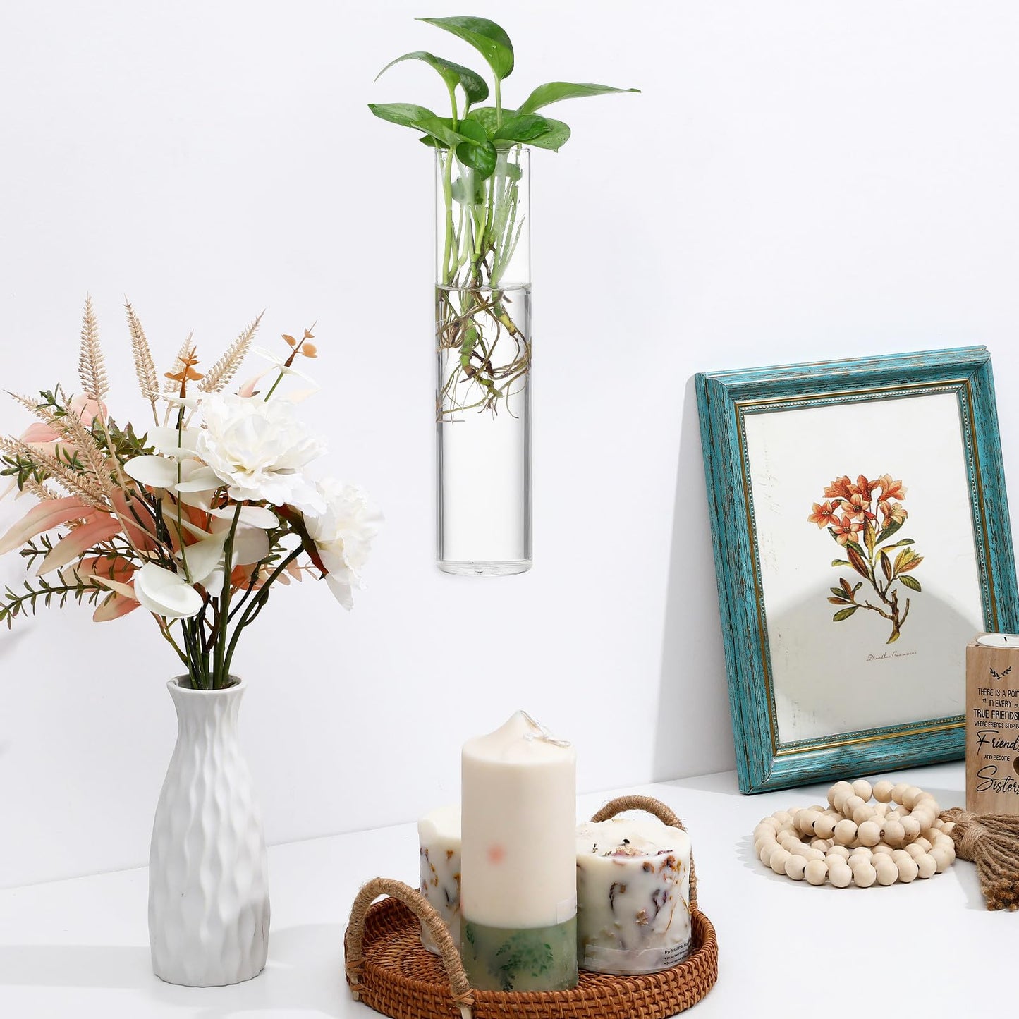 SILENRADAWN Cylinder Glass Wall Vase Set 2pcs Hanging Hydroponic Flower Tube Vases for Indoor Plants Wall-Mounted Plant Holders Decorative Terrarium Containers for Home and Office