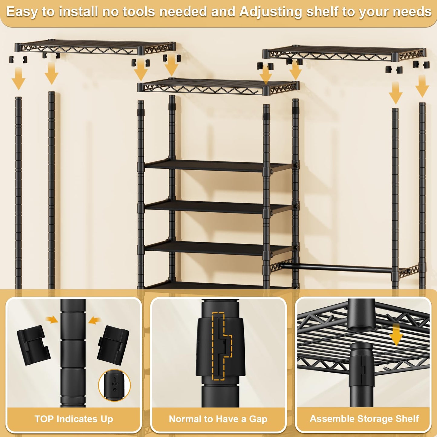 ULIFHOME E16 Heavy Duty Clothing Rack（with 7-Tier Adjustable Shoe Rack） Freestanding Clothes Rack for Hanging Clothes，Metal Closet Storage Organizer Large Wardrobe，69'' W x 15.8'' D x 76.2'' H，Black