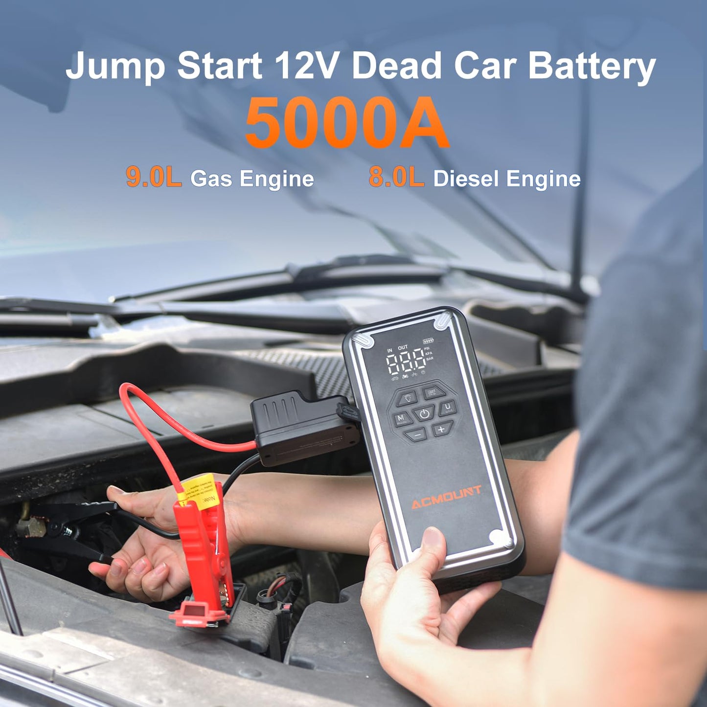 Acmount W160 Jump Starter with Air Compressor, 5000A Portable Car Jump Starter 150PSI Tire Inflator/Air Pump, 12V Battery(Up to 9L Gas/8L Diesel Engine) Jump Pack, Car Emergency Kit, Idea Gift for Man