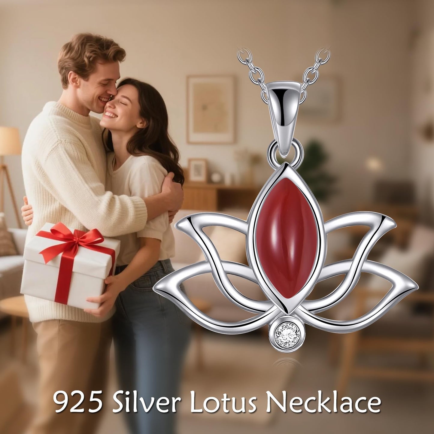 YFN Lotus Flower Necklace Sterling Silver Red Agate Lotus Pendant Lotus Jewelry Gifts for Women