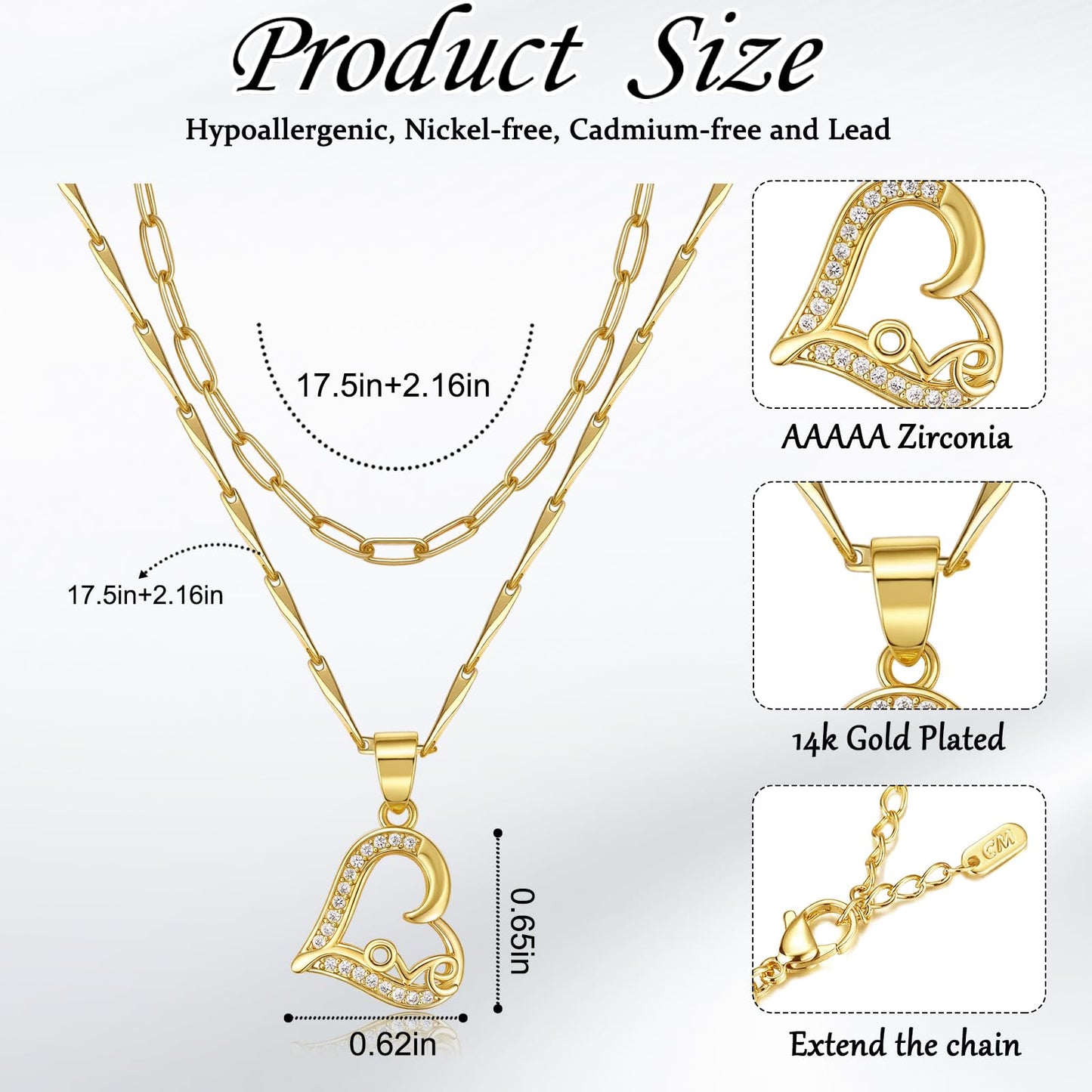 MEIITRUE Heart Necklaces for Women Trendy 14k Gold Plated Dainty Layered Necklace Set Cubic Zirconia Pendant Choker Paperclip Chain Stackable Jewelry Gifts for Her
