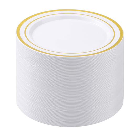 BESTSTAR 100PCS White Plastic Plates for Party, 10.25 Inch Disposable Plates with Gold Rim, Heavy Duty Dinner Plates for Christmas, Thanksgiving, Party, Wedding and Birthday