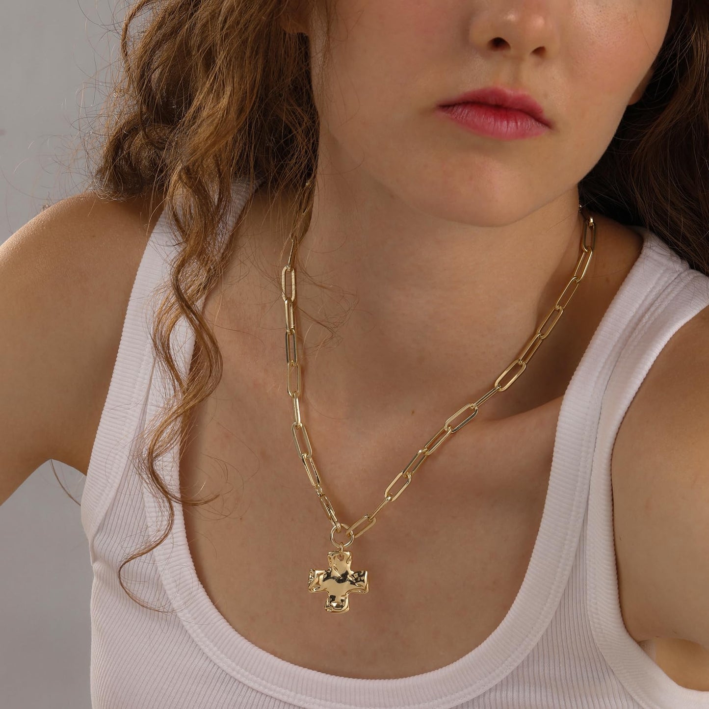 Bheop Chunky Cross Necklace for Women Trendy 14K Real Gold Plated Statement Cross Pendant Charm Necklace Long Big Paperclip Faith Chain Costume Jewelry Gift Non Tarnish 2.5CM