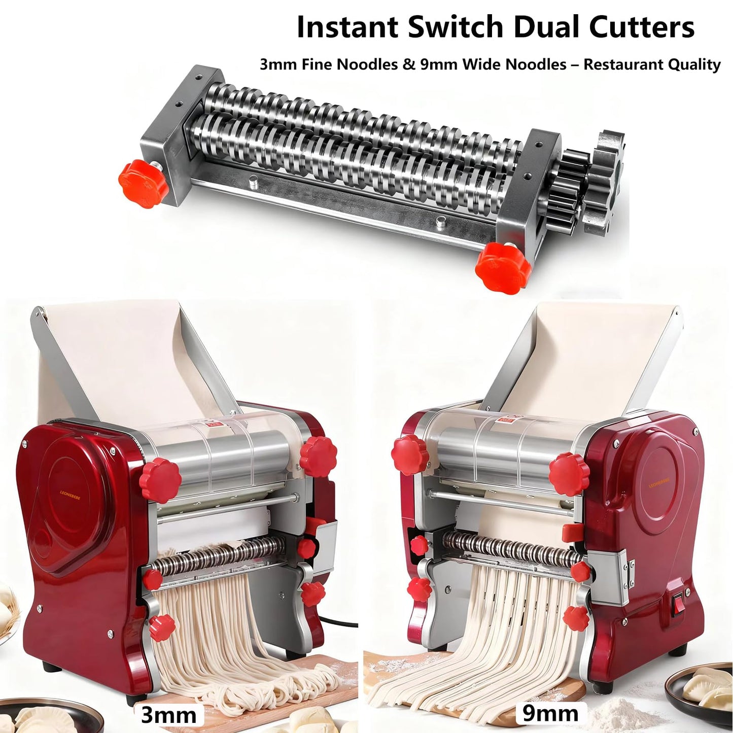 LEONEBEBE Commercial Pasta Maker Machine, Electric Noodle Roller, Bulit-in Press Sheeter, 3/9MM Dual Blades, Thickness Adjustable (0.3-5mm) for Restaurant Use