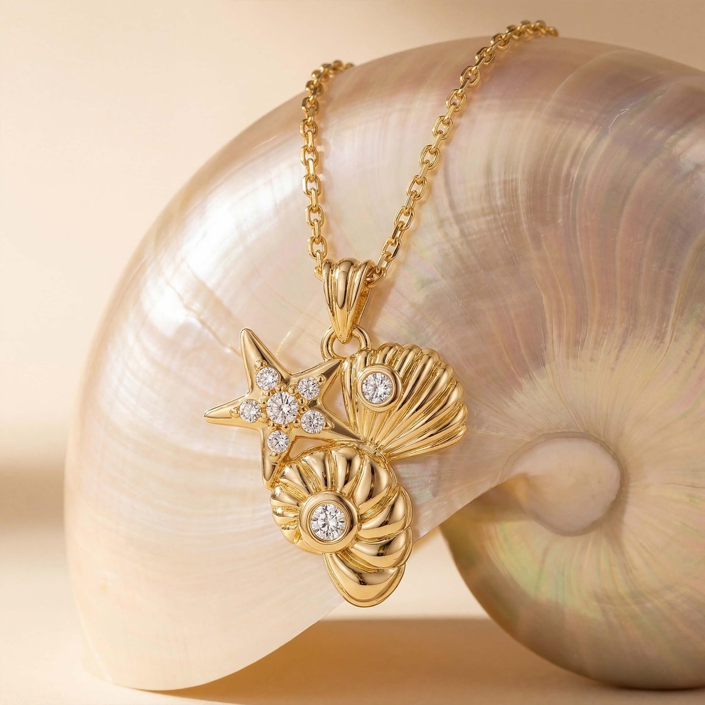 MYEARS Women Gold Necklace Conch Clam Shell Starfish Trio Pendant Cubic Zirconia 14K Simple Dainty Chain Everyday Summer Beach Jewelry