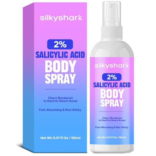 SilkyShark 2% Salicylic Acid Body Spray (5.07 Fl Oz), Back Acne Treatment Spray for Chest, Shoulders & Face, Body Acne Spray for Blackheads & Breakouts, 360° Continuous Mist, Fast-Absorbing Formula