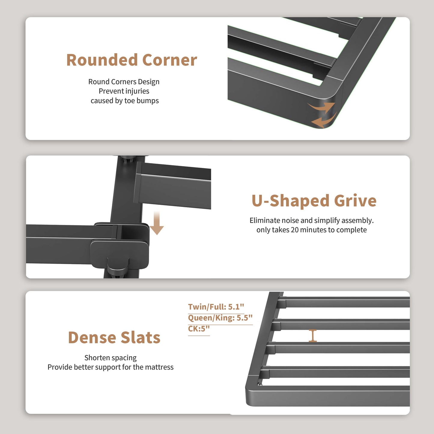 ROIL 2 Inch Queen Metal Box Spring Low Profile, Bunkie Board Bed Slat Replacement with Round Corners, 3500 lbs Capacity Heavy Duty Steel Slats, Easy Assembly, Noise Free