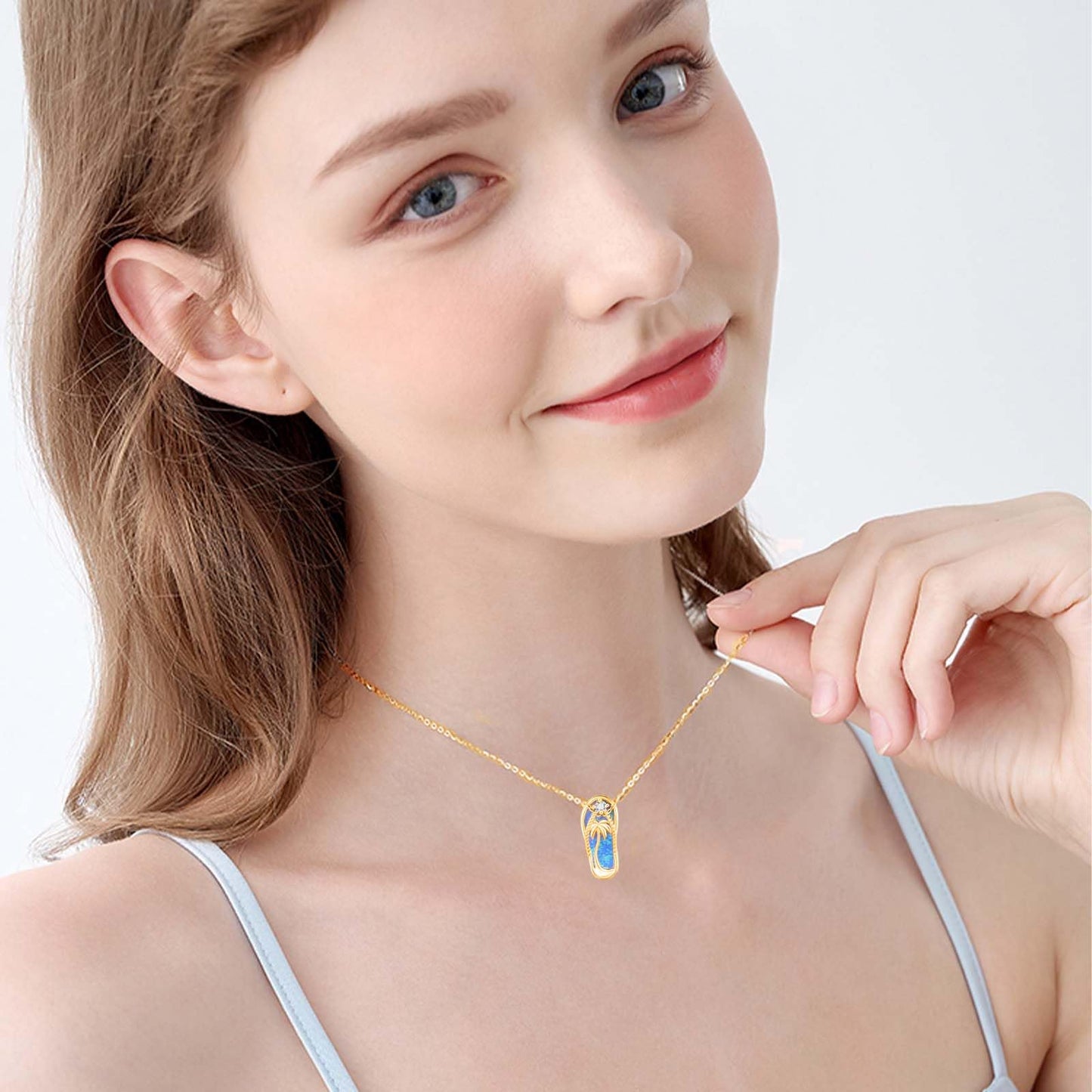 Midir&Etain Flip Flop Necklace 925 Sterling Silver 14K Gold Plated Palm Tree Pendant Beach Blue Opal Necklace Flip-Flop Opal Jewelry for Women