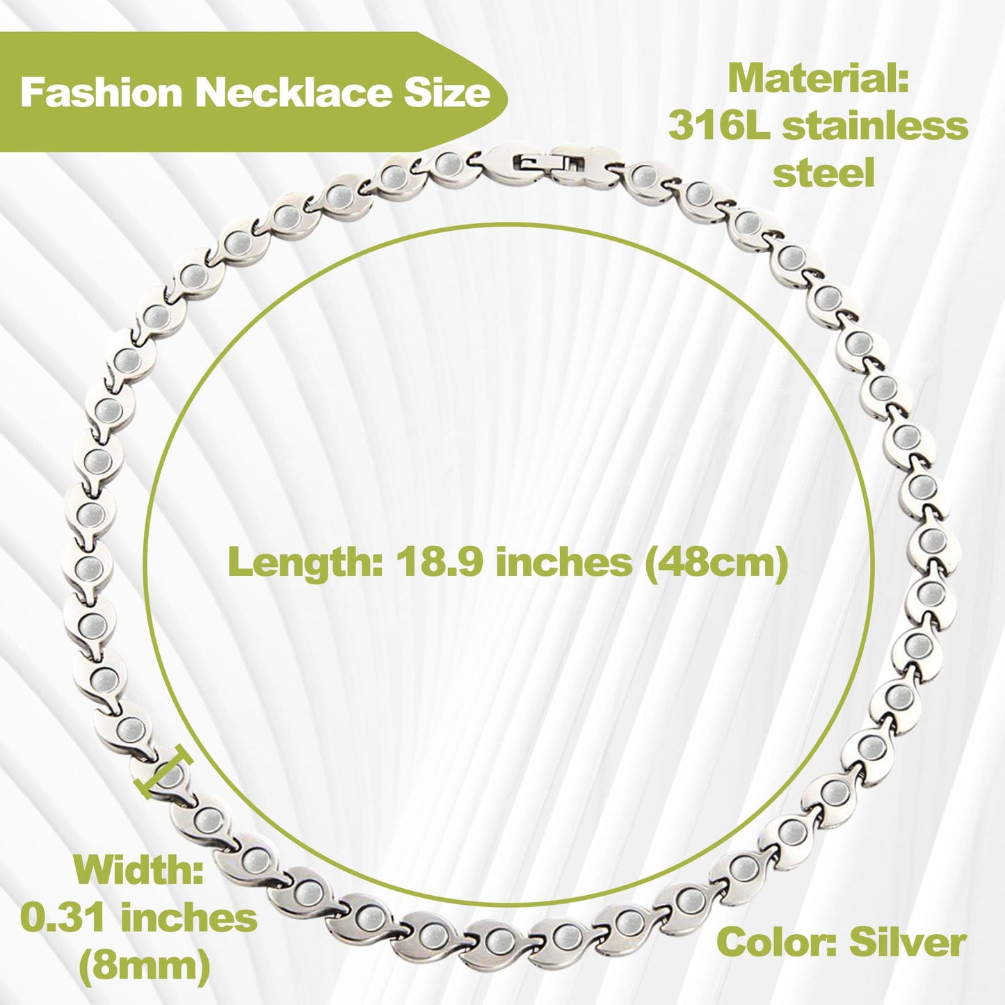 KYOSI Magnetic Necklace for Women, Stylish Leaf Pattern Links, Magnet Necklace with 3500 Gauss, Comfortable Daily Wear Jewelry Gift (Silver)