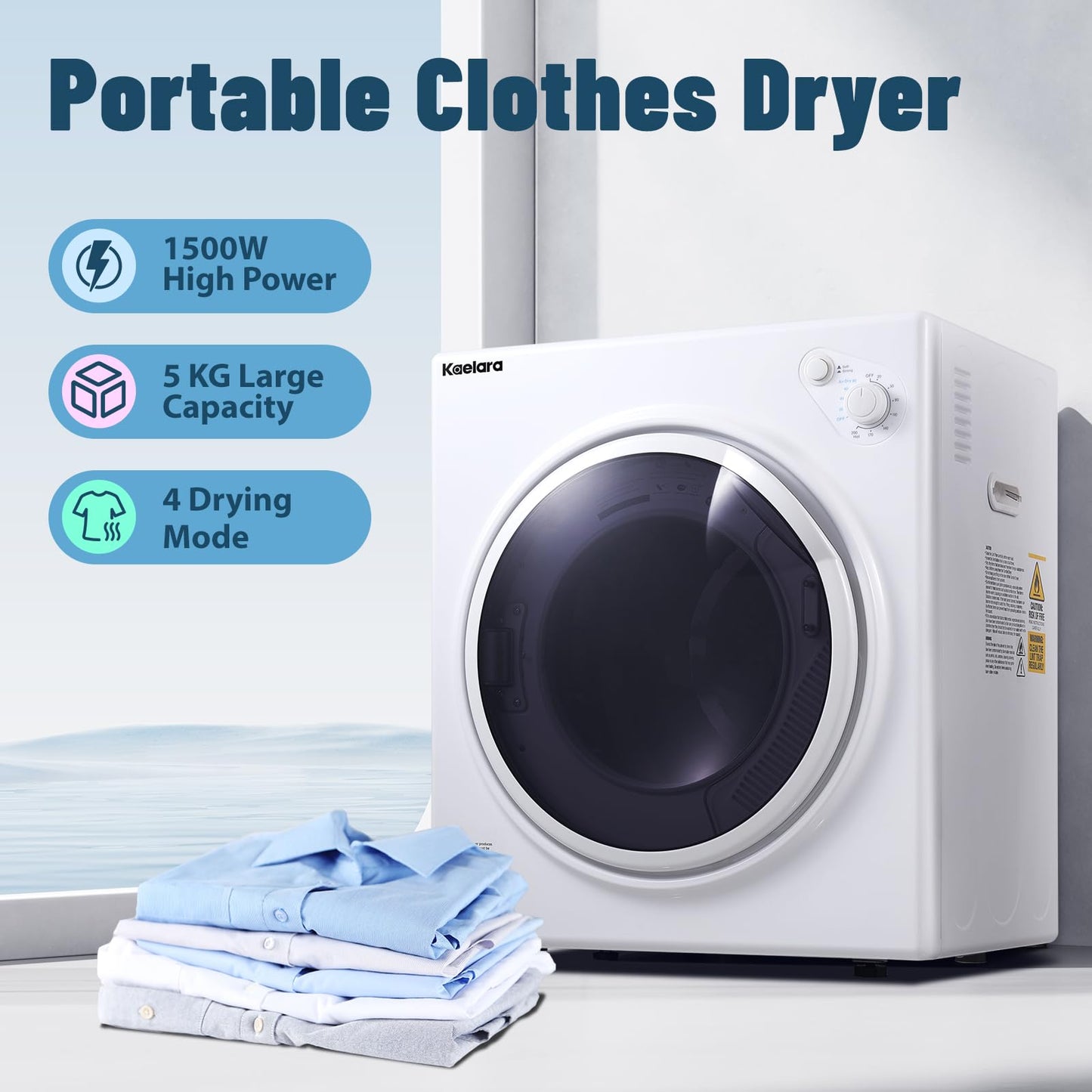 Kaelara Portable Dryers for Laundry 15000W, 3.5 Cu.ft Portable Clothes Dryer with Stianless Steel Tub, Front Load Clothes Dryer Machine for Home, Apartment, 4 Dring Mode, Auto-shutt off, White