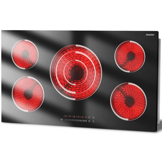 Jessier Electric Cooktop 36 Inch - 9200W High Power 5 Burners Electric Stovetop, Built-in 36 Inches Ceramic Burner Knob and Touch, Timer, Safety Lock, Expandable Ring, 220-240V Hard Wired (No Plug)