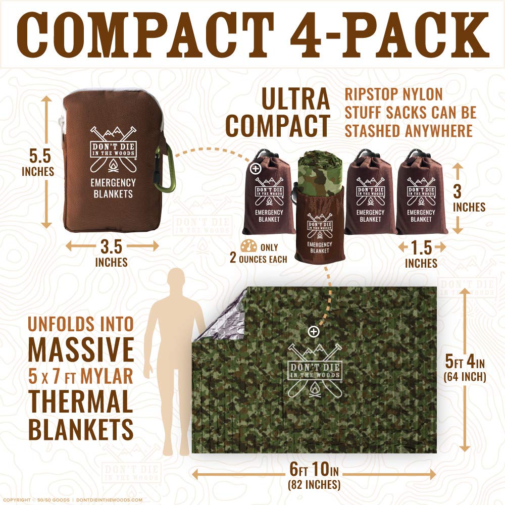 Don't Die In The Woods - Freakin’ Huge Emergency Blankets [4-Pack] Extra Large Thermal Mylar Space Blanket - One of The Ten Essentials Outdoor Survival Gear for Hiking Camping First Aid Kit (Camo)