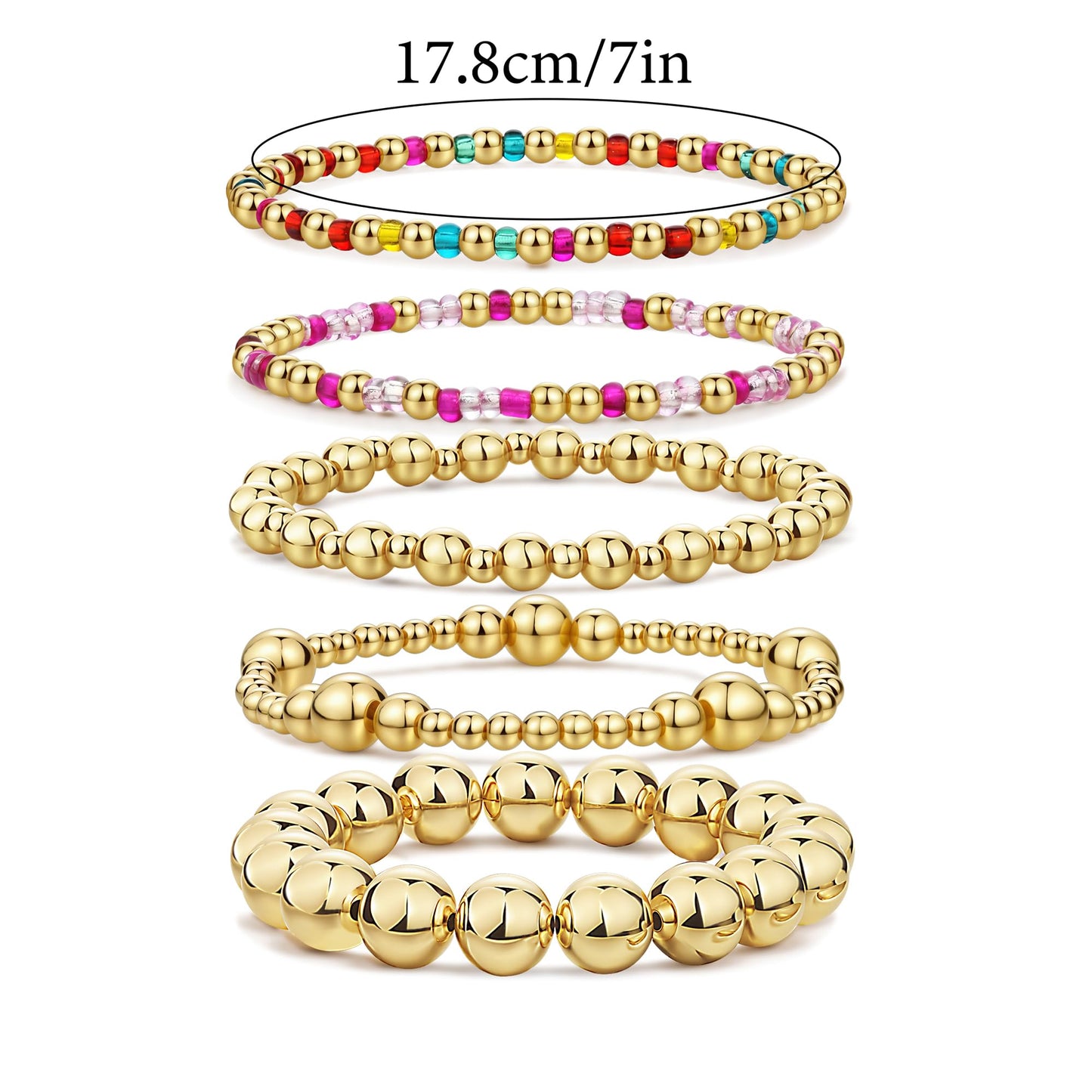 Qiuseadu Chunky Gold Beaded Stack Bracelets Beads Ball Cross Colorful Statement Bracelets Set for Women (Pink Bead Edition)