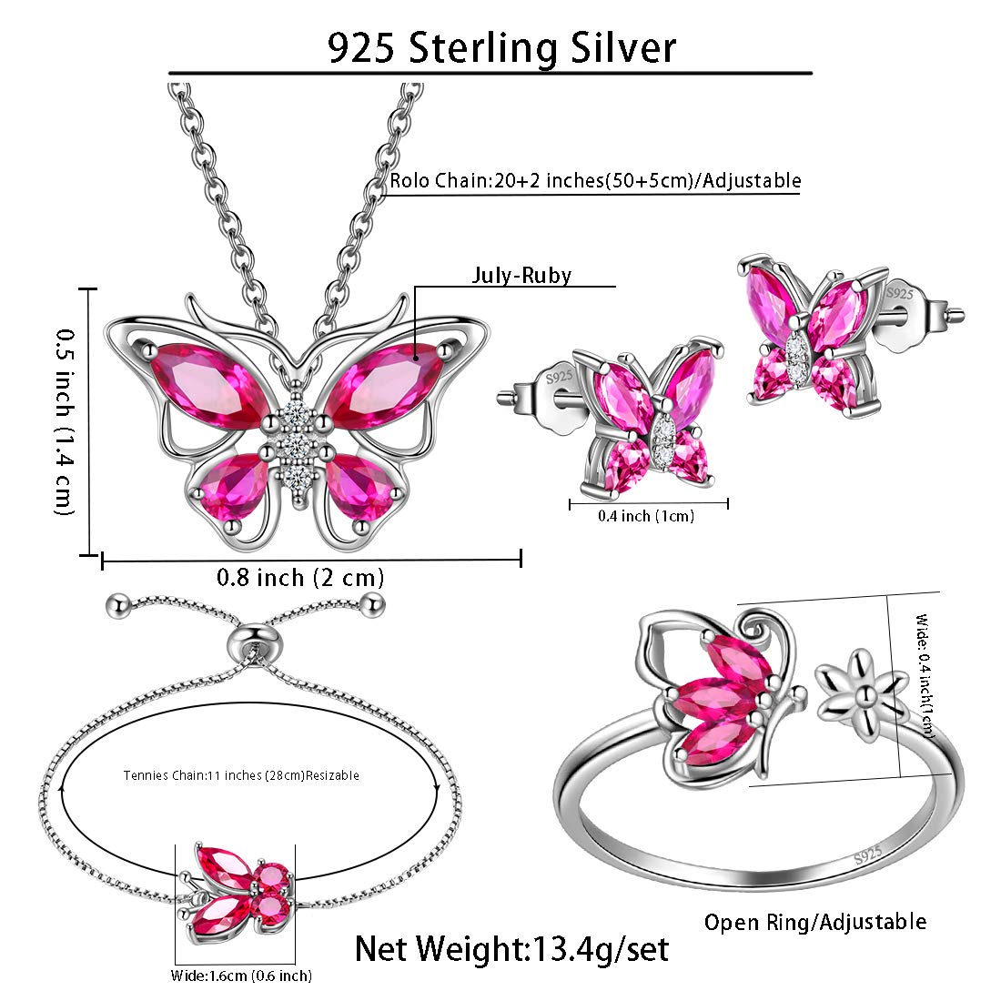 Hipunk Butterfly Red Jewelry Sets Birthstone Women 925 Sterling Silver July-Ruby Birth Stone Animal Butterflies Jewelry Sets/Earring/Ring/Bracelet Set Crystal Birthday Jewelry SS0003R