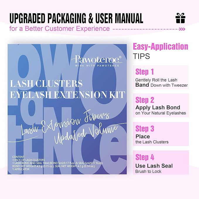 Pawotence Lash Clusters Kit Cat Eye Lash Extension Kit DIY 9-16mm Cluster Eyelash Extensions Kit 40D Individual Lashes with Lash Bond and Seal, Lash Tweezers for Self Use (Fox 40D, 9-16mm, Kit)