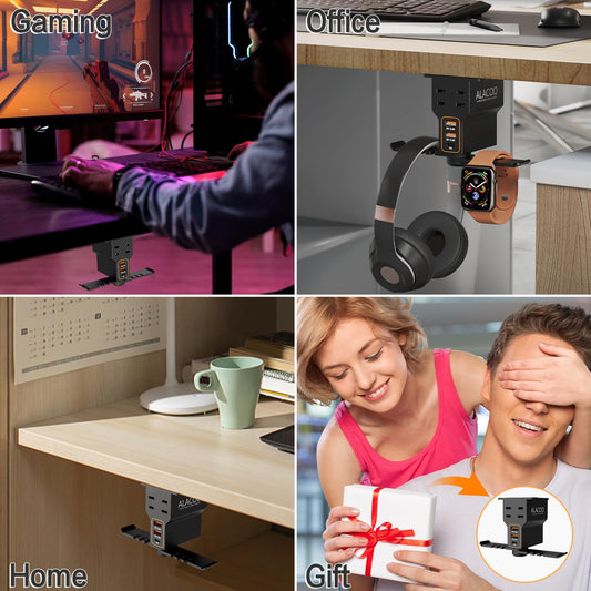 ALACOO Gaming Headphone Stand with Charging Station - Aluminum Hooks Headphone Holder, Under Desk Headset Stand, 3 USB & AC Outlet, Surge Protector & Cable Organizer, Gift for Girl/Men