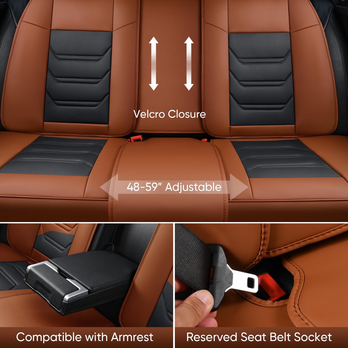 TIEHESYT Leather Car Seat Covers Full Set with Lumbar Support, Waterproof Car Seat Cover, Universal Seat Covers for Cars, Trucks, SUVs, Sedans, Airbag Compatible, Front Pair and Rear, Brown&Black