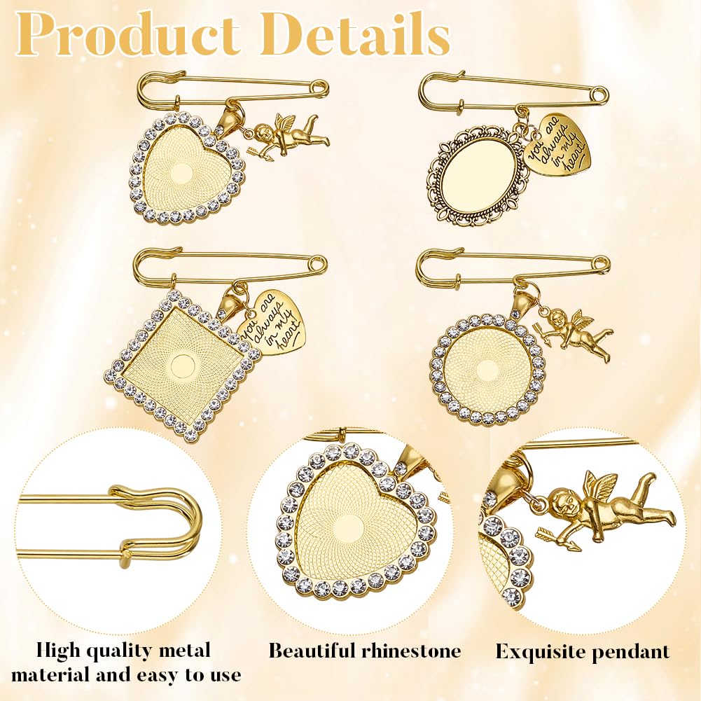 WEBEEDY 94 PCS 16 Sets Wedding Bouquet Photo Charms Gold Rhinestone Pin Brooch Making Kit Heart Oval Round Square Charms with Clear Glass Cabochons You Are Always in My Heart Charm for Wedding Gift