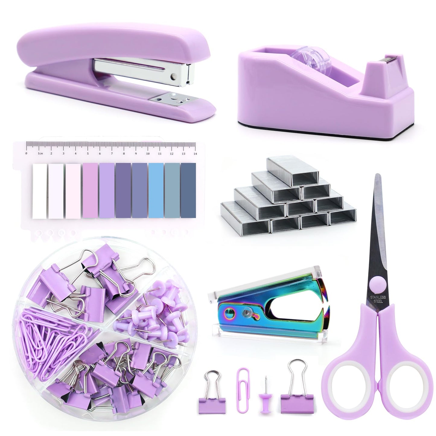 Black Office Supplies,UPIHO Black Desk Accessories,Stapler and Tape Dispenser Set for with Large Stapler,Tape Dispenser, Staple Remover, Staples, Clips,Scissor and Tabs,Gifts for Office Clerks