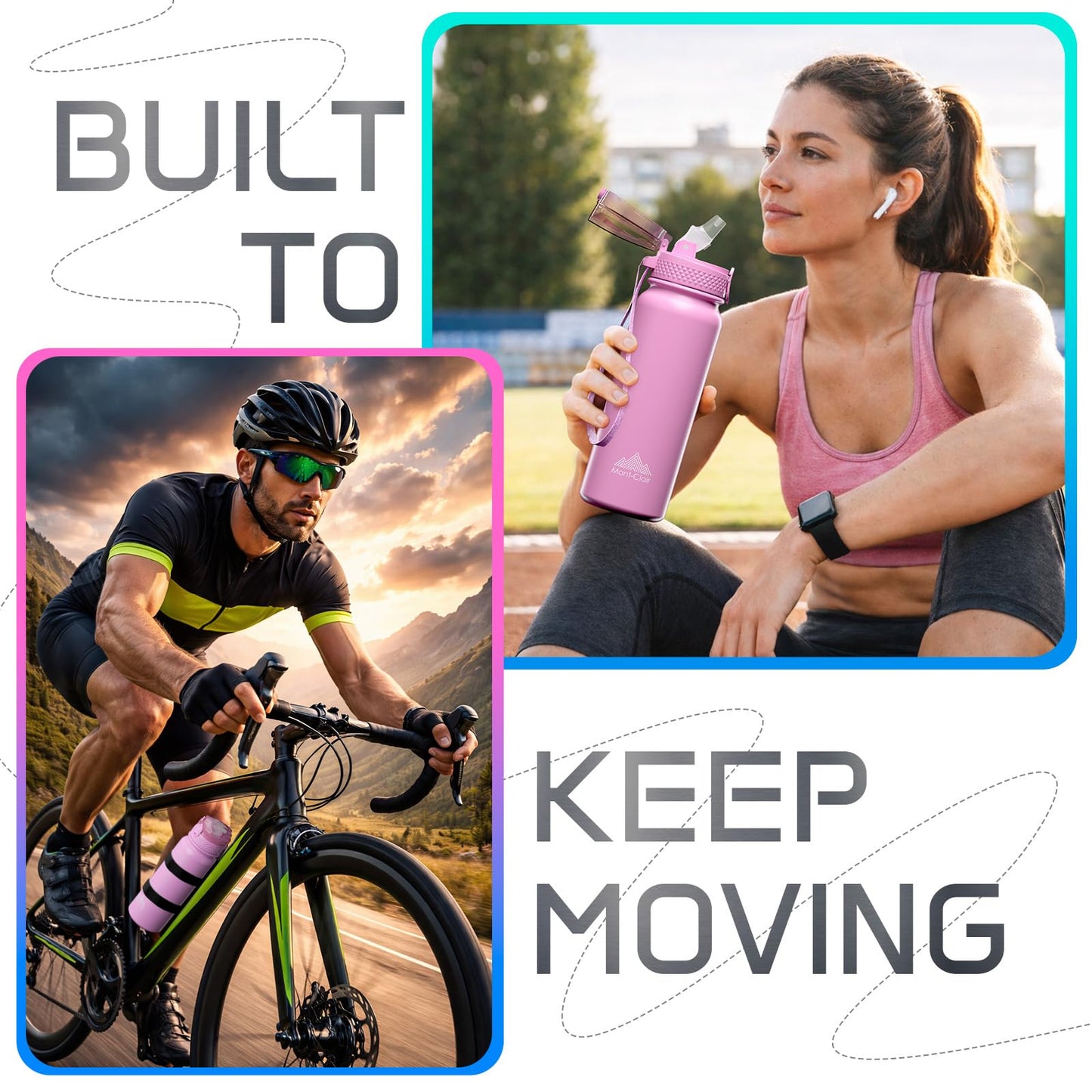 Mont-Clair Sport Water Bottle - 20oz Insulated Water Bottle with Straw - Patented Lid, BPA FREE, For Sports, Gym, Cycling, Bike - Quick Hydration - Pink