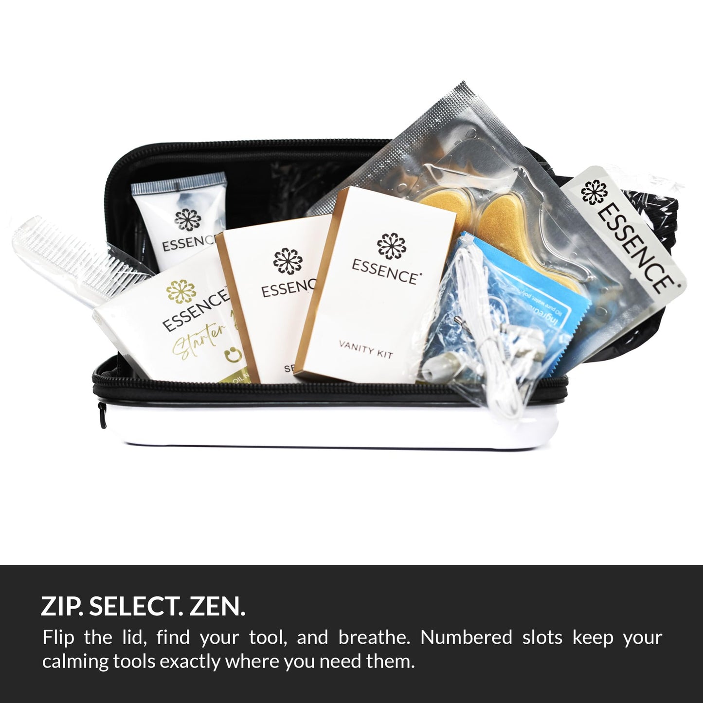 Essence Travel Amenity Kit | Travel Essentials & Travel Size Toiletries Kit | 5-Pack Nasal Diffuser Rings, Sleep Mask, Lotion & Hygiene Kit | Travel Toiletry Kit for Women | Black Case