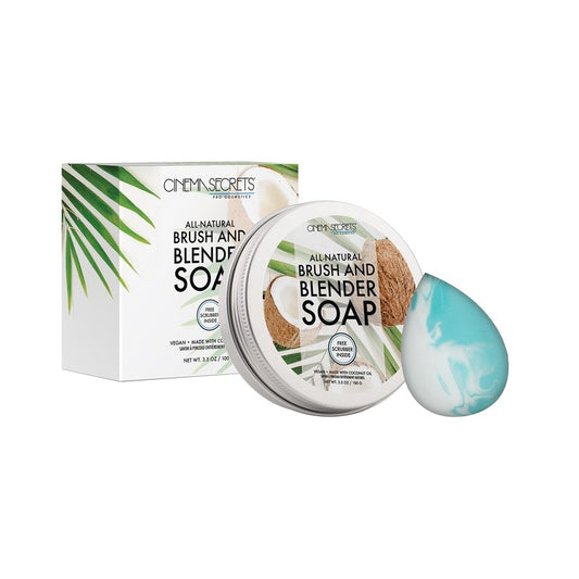 CINEMA SECRETS All Natural Vegan Brush Soap & Blender Bundle, coconut oil based, scrubber included.