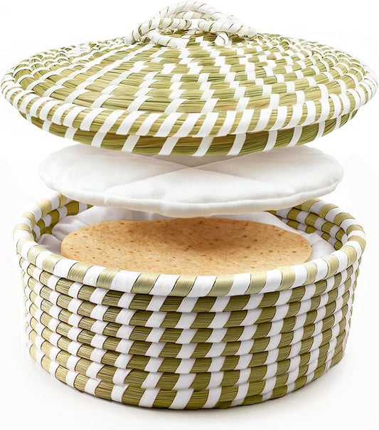 Handwoven Seagrass Tortilla Warmer Basket with Lid, 9.6" Breathable Natural Tortilla Holder with 2 Washable Cotton Liners, Boho Farmhouse Style Server for Tortillas, Roti, Pancake & Flatbread