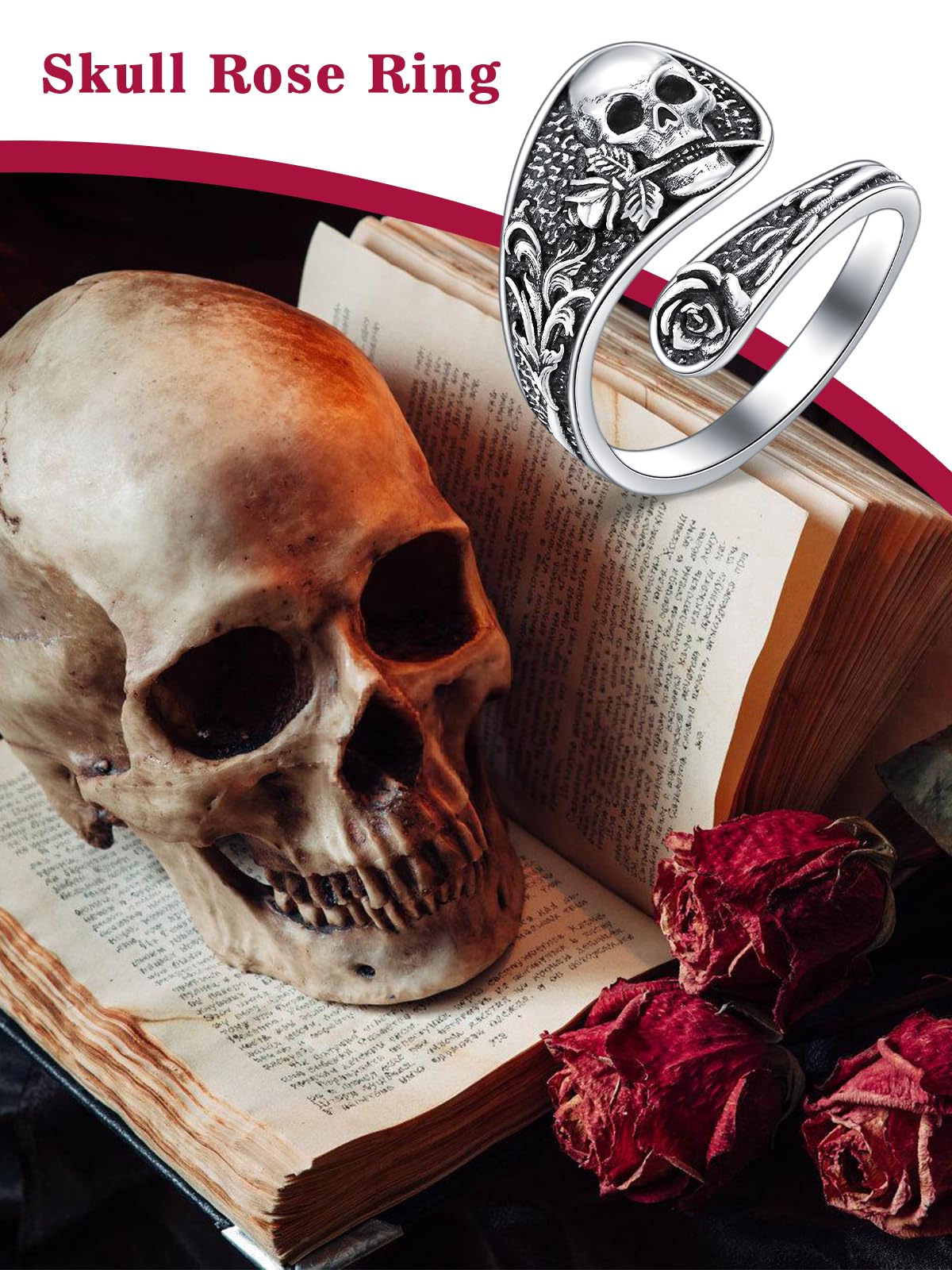 Midari Skull Rose Spoon Rings for Women Sterling Silver Skull Ring Adjustable Punk Skull Rings Skull Rings Open Antique Spoon Rings Jewelry for Women Hallowee Birthday Christmas Gifts(Customization)