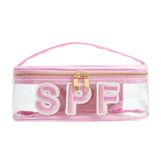 RSRSLEII Clear Waterproof Summer SPF Makeup Bag，Aesthetic Transparent Letter Patch Cosmetic Bag with Metal Zipper, Preppy Sunscreen Accessories Storage Organization, Beach Travel Purse(01SPF Pink)