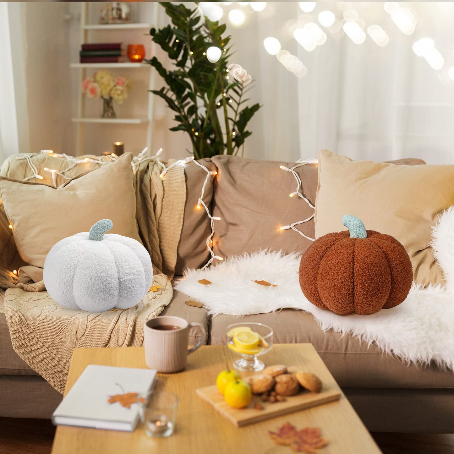 Kajaia 2 Pcs Simulated Pumpkin Pillow Plush 11 x 9.5 Inch 3D Cushion Fall Decorations Stuffed Throw Pillows Toy for Thanksgiving Christmas Halloween Bedroom Sofa Couch Supplies (White,Brown)