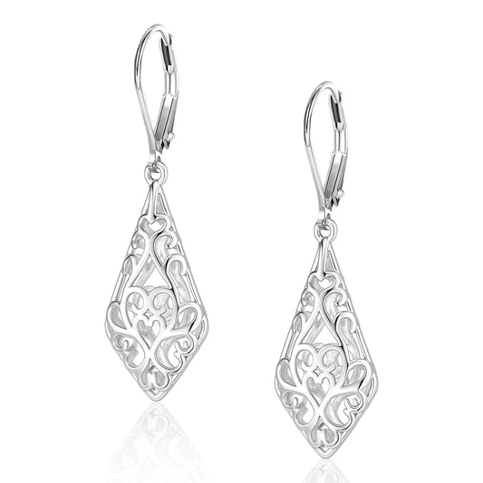 925 Sterling Silver Dangle Earrings for Women, Geometric Filigree Dangling Leverback Earrings, Silver Hypoallergenic Lightweight Dangly Drop Earings for Women Trendy Jewelry Gifts