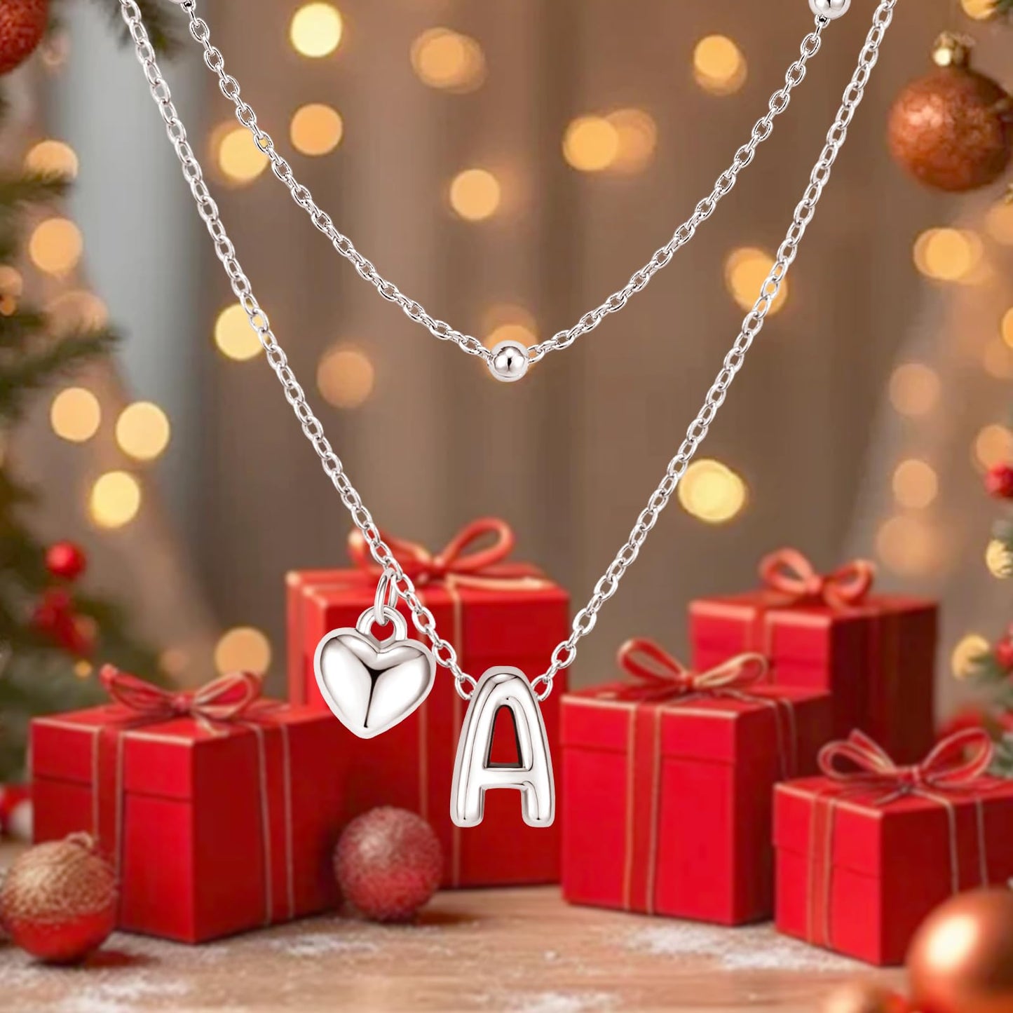 adoyi Silver Heart Initial Necklaces for Women 14k Gold Plated Layered bubble Letter Necklace Dainty Heart B Pendant Necklace Stack Birthday Valentines Gifts for Women Jewelry