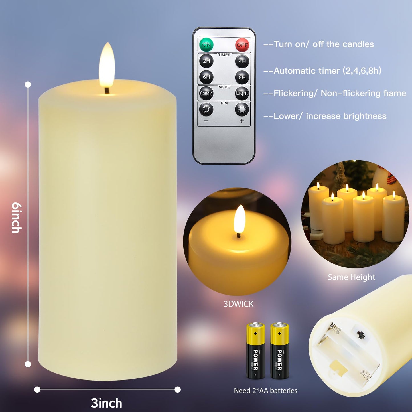 Hinabichan Flameless Candles Battery Operated with Remote and 2/4/6/8 H Timer, 6pcs Flickering Fake Electric Candles for Festival Home Party Decor (D3 x H 6") (Ivory)"