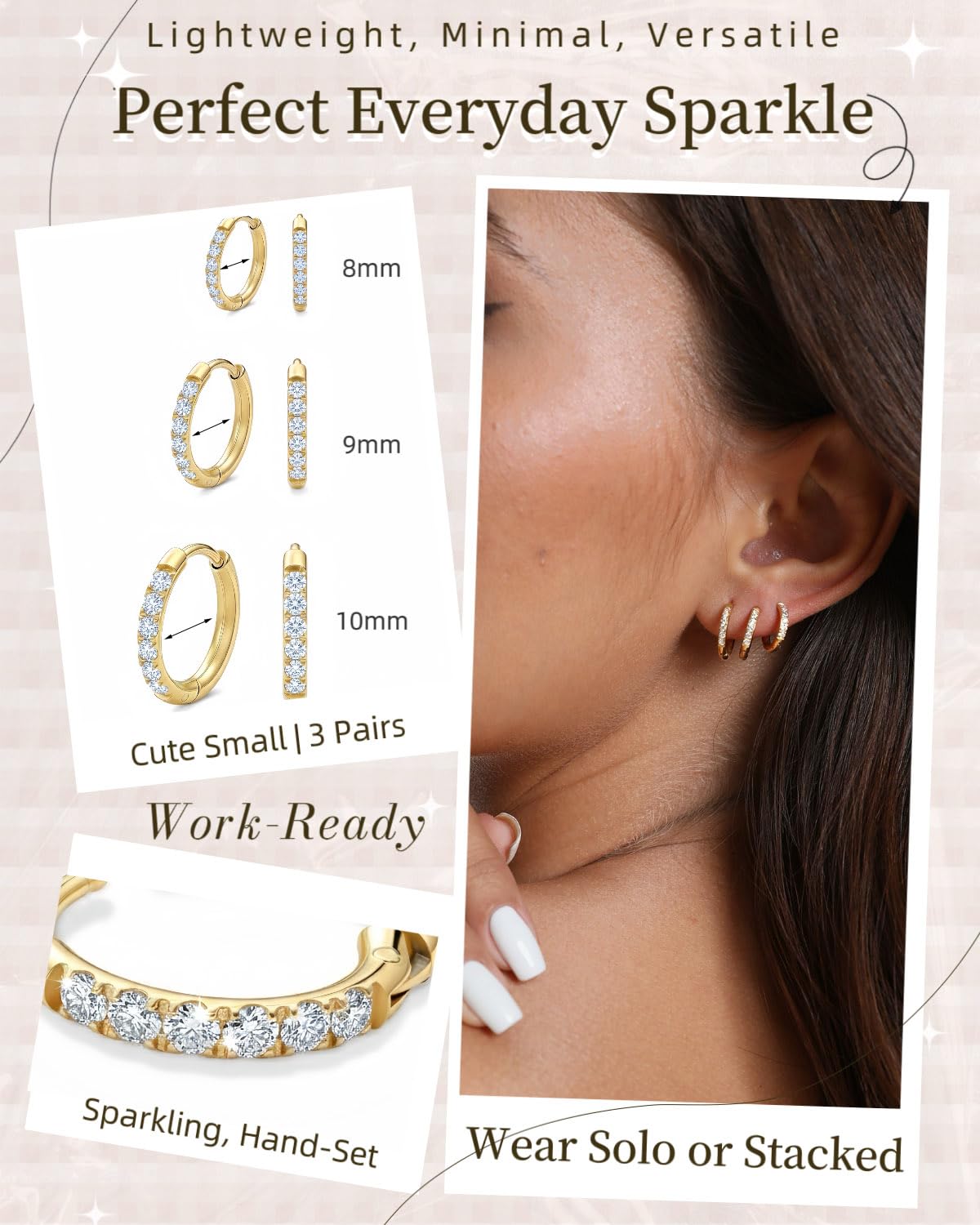 3 Pairs Gold Earrings for Women Hoop Earrings Non Tarnish: 14K Gold Plated Nickel Free Small Huggie Hoops Lightweight Earrings for Sensitive Ears, Sleep, Swim, Multiple Piercings 1st 2nd 3rd Ear Hole Helix