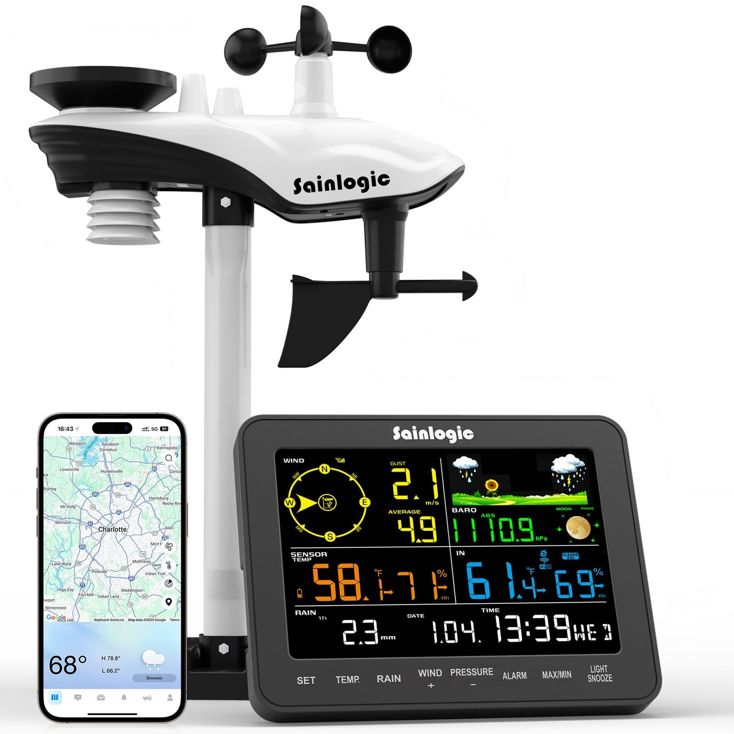 Sainlogic WiFi Smart Weather Stations Wireless Indoor Outdoor,24/7 AI Weather Forecast by Weatherseed®,APP Alert,Weather Station with Rain Gauge and Wind Speed,2-Year Data Storage（Only 2.4G）