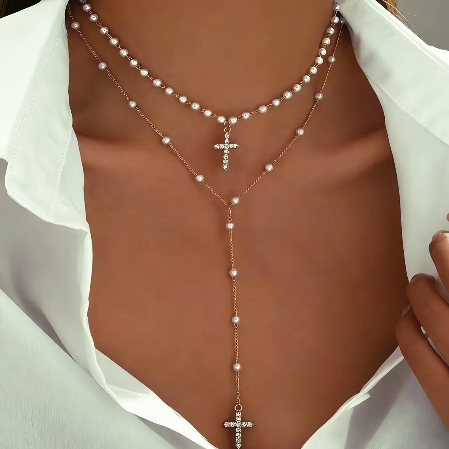 2PCS Layered Gold Cross Necklaces for Women Trendy, Bohemian Bead Pearl Y Long Pendant Necklace Set, Vintage Rosary Necklace Stack Adjustable Length