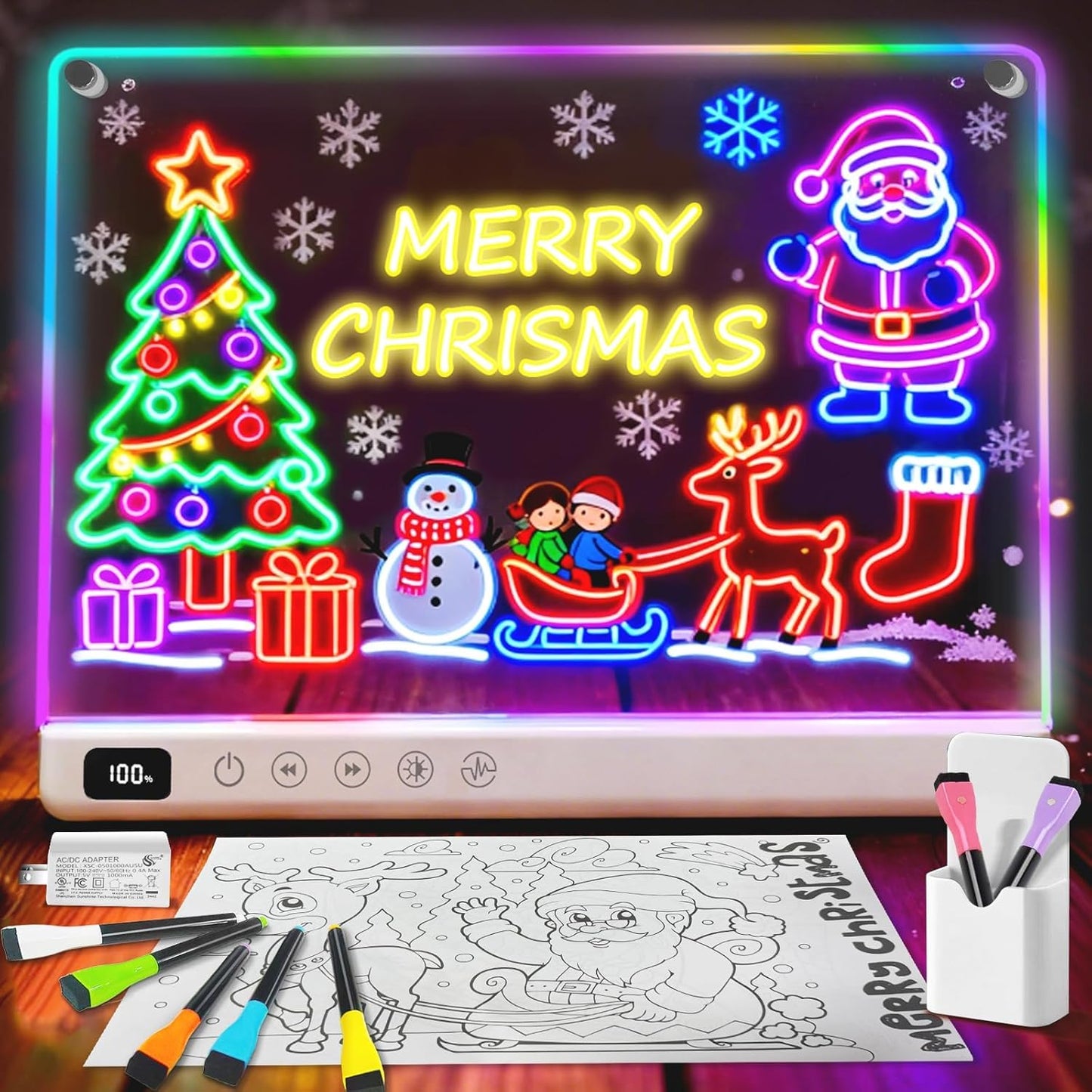 16" Rechargeable Led Drawing Board for Kids with 13 Light Effect, Glow Doodle Acrylic Dry Erase Board-Built-in Stand, Light Up Drawing Tablet Chalkboards for Kids, Gifts for Girls/Teen, 7 Markers