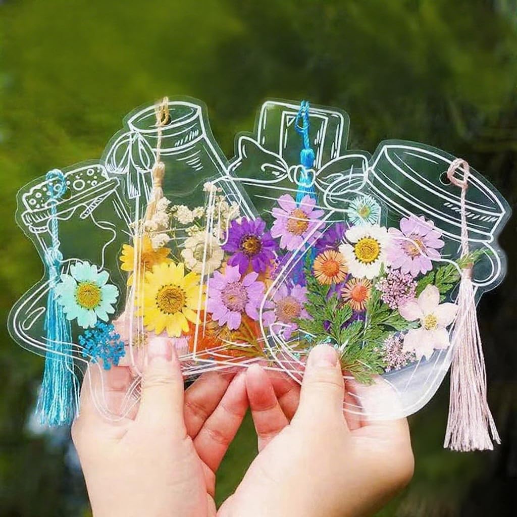 LiveOnce 60pcs DIY Dried Flower Bookmarks - Transparent PET Bookmark Kits with Tassels, Clear Sticky Sheets for Pressed Flowers, Leaves, Nature Craft, Gifts (10.5x7.5cm)