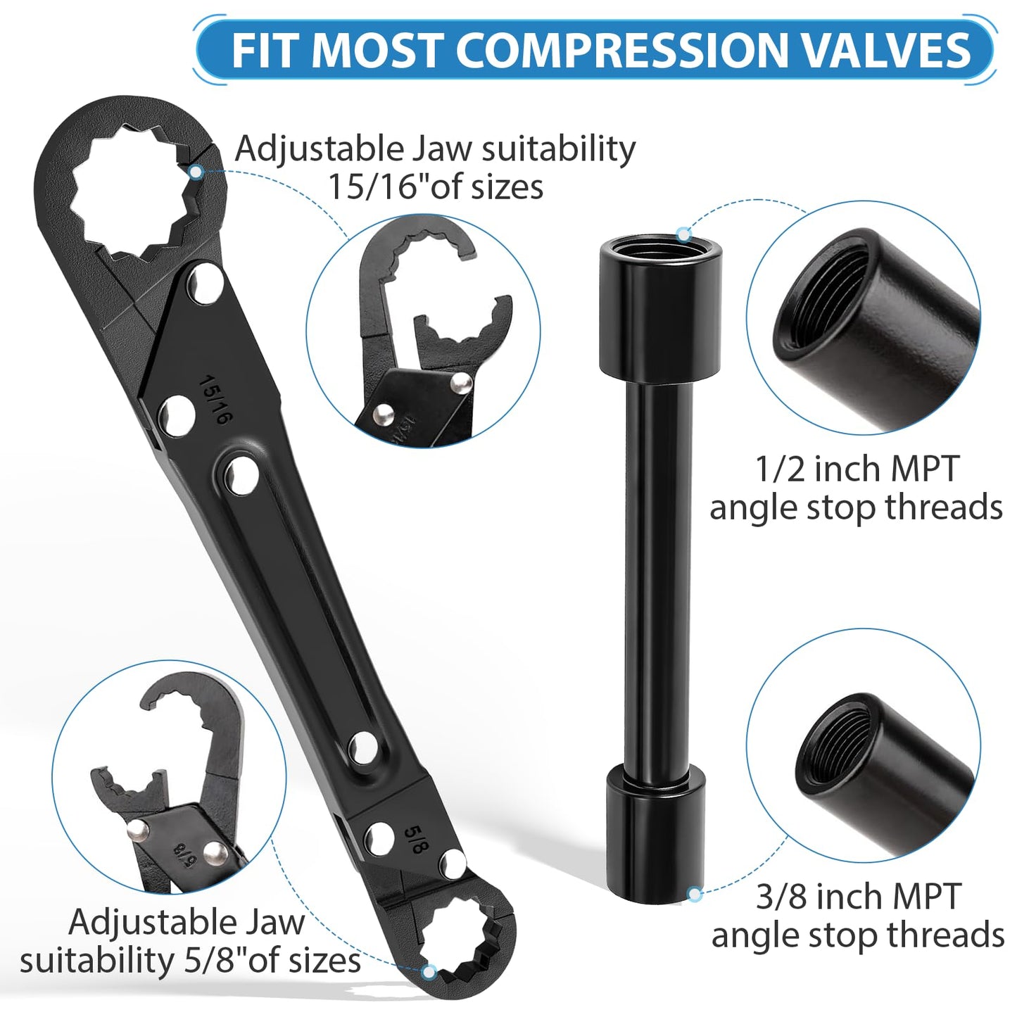 Kavedod Plumbing Tools, Angle Stop Removal Tool with compression sleeve puller tool 1/2, Quick Repair Plumbing Wrench Kit for Installing/Removing Compression Rings, Nuts and Angle Stops