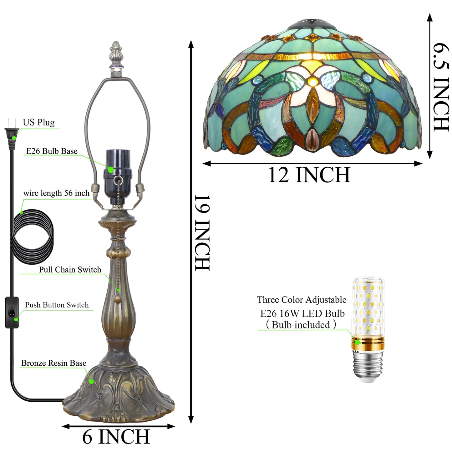 WFAYNTIFL Tiffany Lamp Stained Glass Table Lamp Antique Bedside Reading Light W12H19 Inches (Sea Blue Baroque)