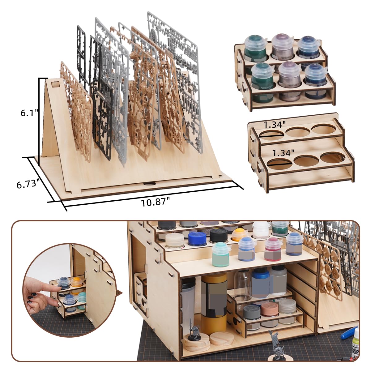 T TOGUSH Model Paint Holder with Adjustable Storage, Wooden Miniature Model Paints Organizer for 36 Paint Holes and 36 Holes of Painting Brushes wtih Model Pieces Shelf