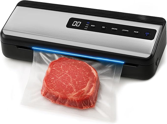 Vacuum Sealer for Food Saver & Preservation 80kPa - Powerful Suction Bag Sealer Dry/Moist/Liquid Modes - Vacuum Sealing Machine with Built-In Cutter, Bag Roll & 10 Bags Kit (Silver)