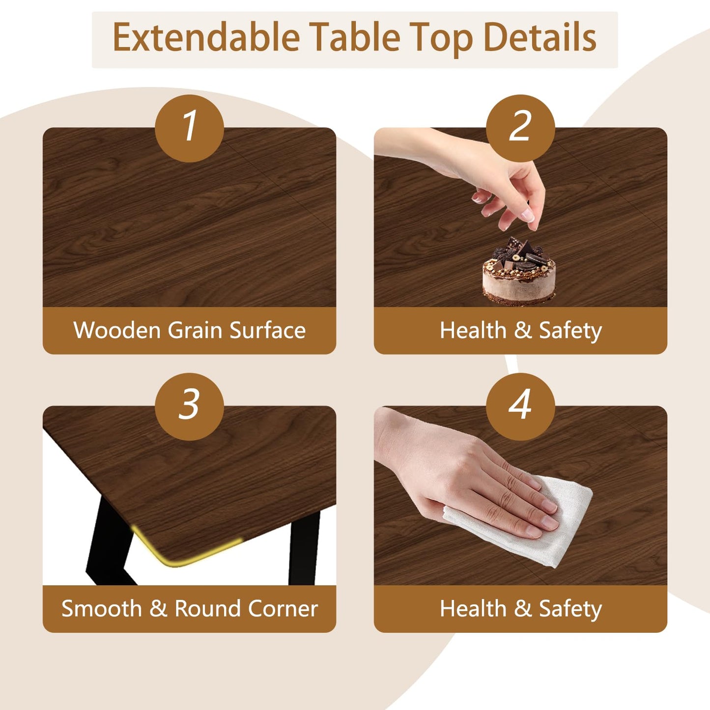 ZckyCine 63"-79" Extendable Dining Table Set for 6, Modern Walnut Color Table with 6 Brown Chairs, Retractable Wood Table and Chair Set for Kitchen and Dining Room
