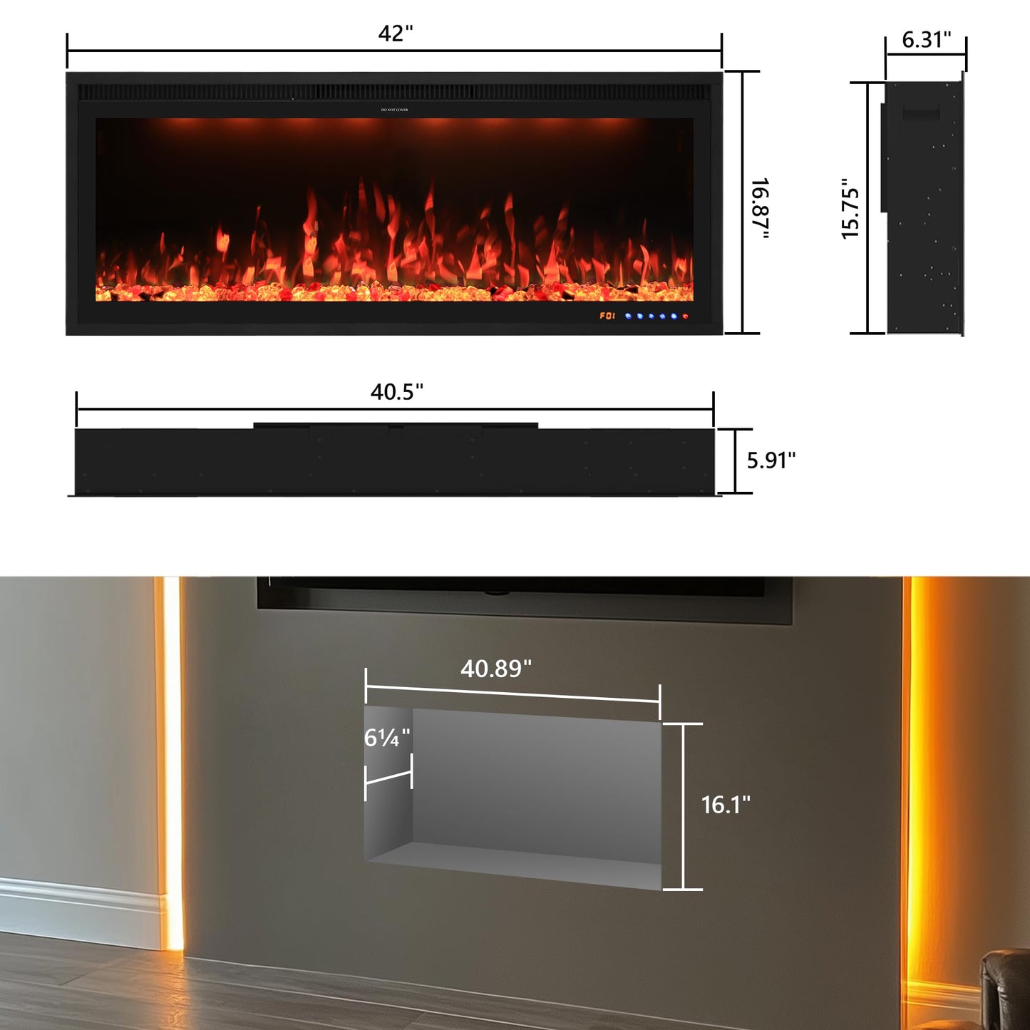 Valuxhome 42 inch Electric Fireplace Heater with App & Remote Control, Recessed and Wall Mounted Electric Fireplace, 1-9H Timer, 13 * 13 * 13 Color Combinations, Screen Touch, 1500/750W